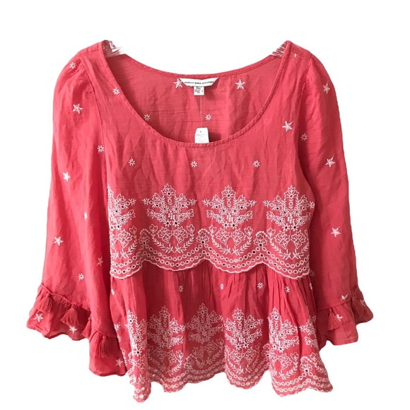 NWT American Eagle Boho Coral White Embroidered TASSEL Tunic Top XS - Picture 5 of 5